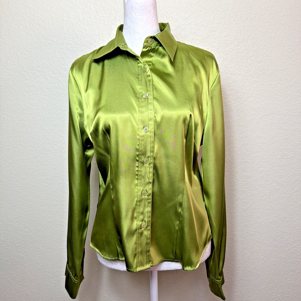 Metrostyle Green Satin Shirt 8 Women Blouse Detachable Scarf Office Work Y2K